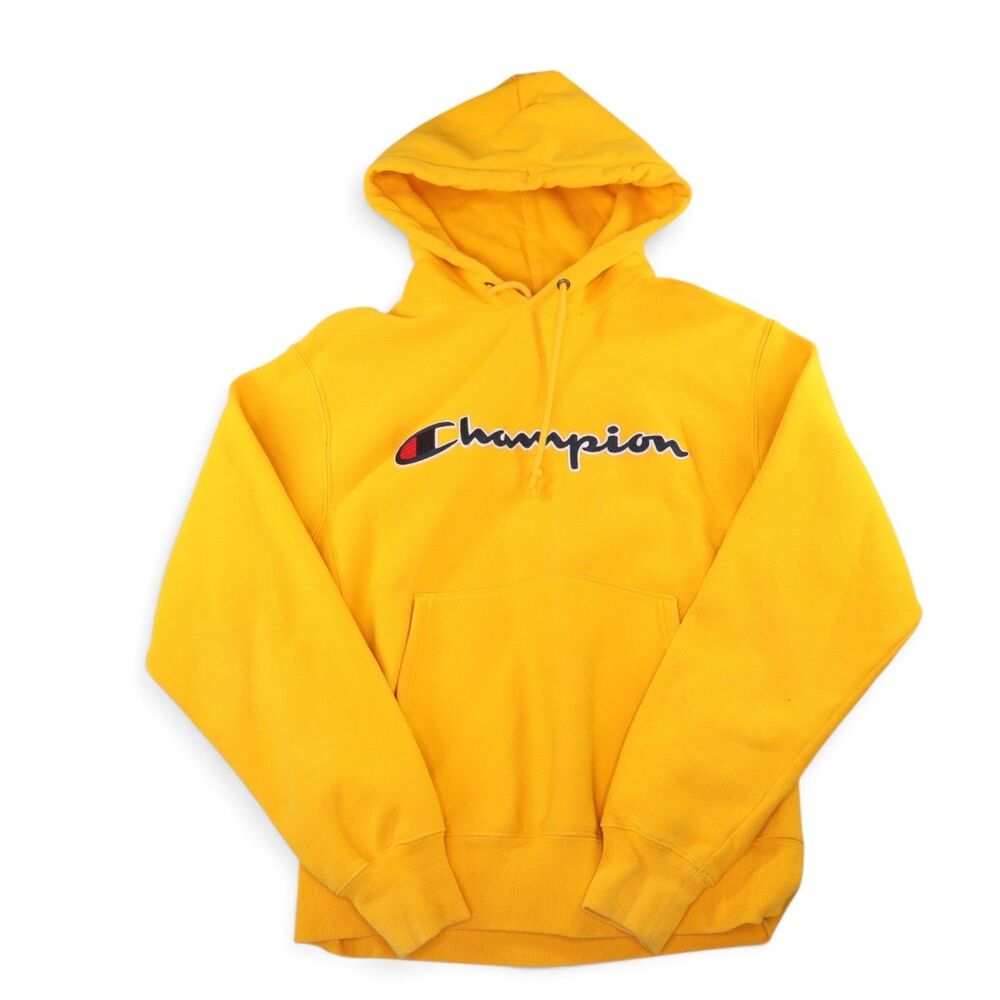 Champion Men's M Reverse Weave Hoodie Pullover Yellow Embroidered Script Logo